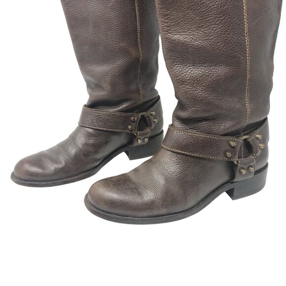BCBGMAXAZRIA Brown Leather Riding Boots Size 8 Studded Strap Buckle Detail - Picture 5 of 10